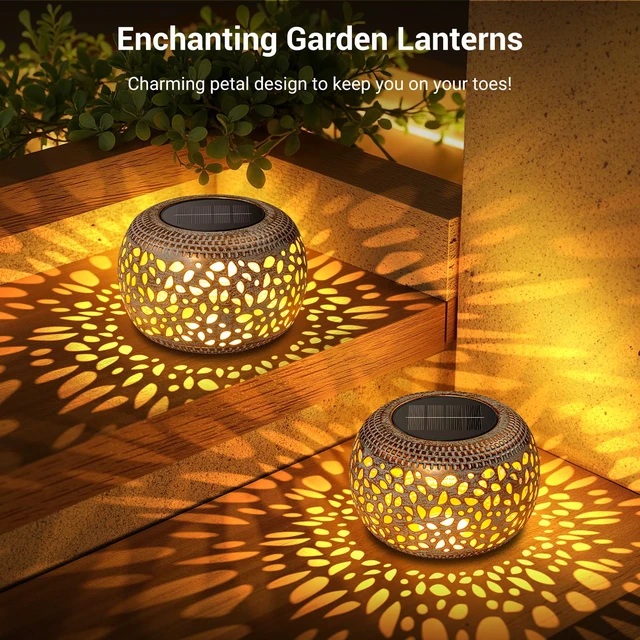 Alt view image 6 of 7 - Solar Lanterns Outdoor Waterproof, Hollow Out Solar Table Lamp Patio Decor 2 Lighting Modes Retro Metal Solar Lights for Outside Garden Yard Porch Deck Floor Indoor Tabletop Desk Decoration Gifts