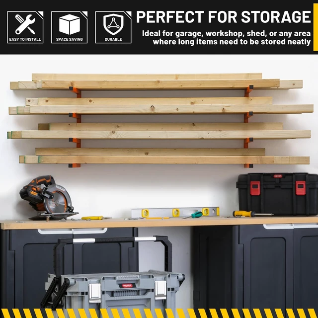 Alt view image 6 of 6 - Wood Organizer and Lumber Storage Rack Wall Mount, Heavy Duty Metal Shelf with 4-Level Holds Up 800 LBS, Indoor & Outdoor Use - Orange