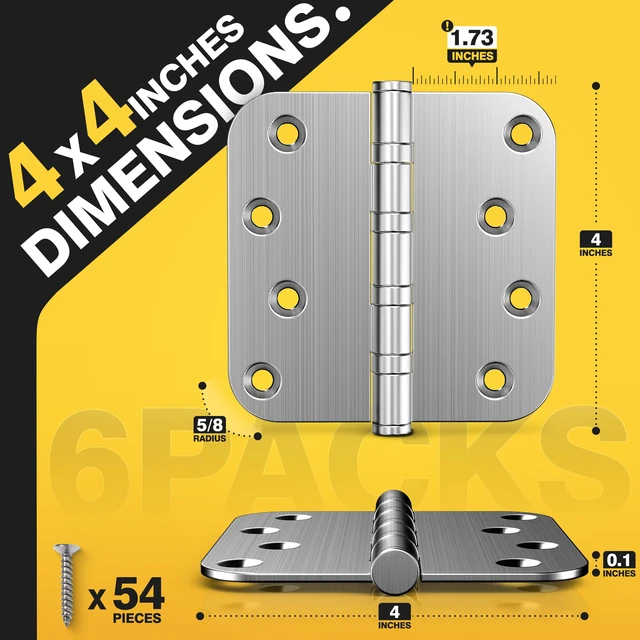 Alt view image 2 of 7 - Ball Bearing Door Hinges, 4 x 4 Inches, Brushed Nickel, 6 Pack 5/8" Radius Corner, Heavy Duty Stainless Steel, Smooth and Quiet, Non Removable Pin