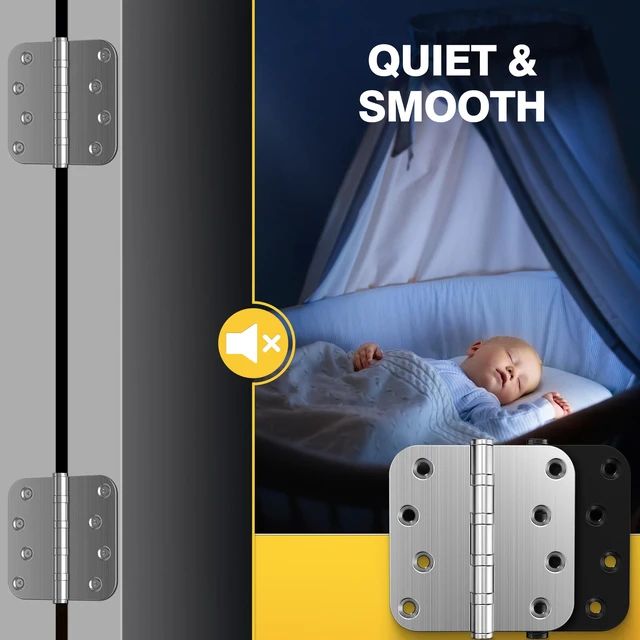 Alt view image 5 of 7 - Ball Bearing Door Hinges, 4 x 4 Inches, Brushed Nickel, 6 Pack 5/8" Radius Corner, Heavy Duty Stainless Steel, Smooth and Quiet, Non Removable Pin