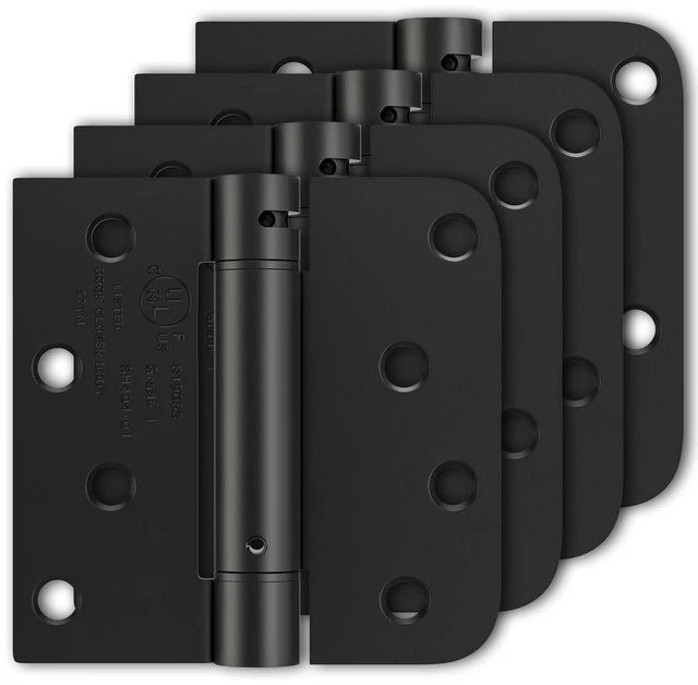 Main image of 4 Pack Self Closing Door Hinges 4 Inch, Matte Black Spring Loaded Hinges with Square & 5/8" Radius Corners, Adjustable Tension for Garage, Front Door, for Left and Right Hand Door, UL Listed