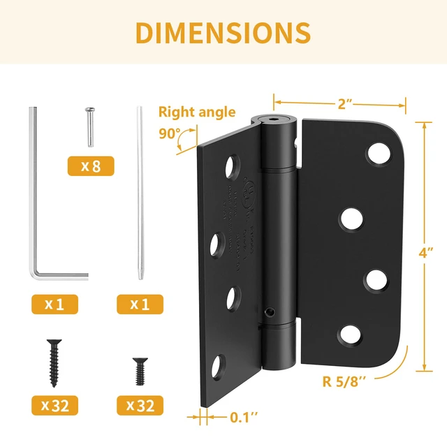Alt view image 2 of 6 - 4 Pack Self Closing Door Hinges 4 Inch, Matte Black Spring Loaded Hinges with Square & 5/8" Radius Corners, Adjustable Tension for Garage, Front Door, for Left and Right Hand Door, UL Listed