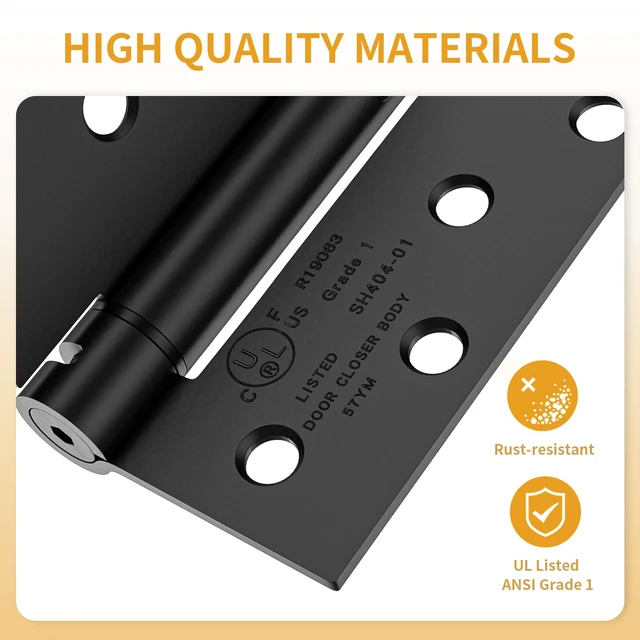 Alt view image 3 of 6 - 4 Pack Self Closing Door Hinges 4 Inch, Matte Black Spring Loaded Hinges with Square & 5/8" Radius Corners, Adjustable Tension for Garage, Front Door, for Left and Right Hand Door, UL Listed