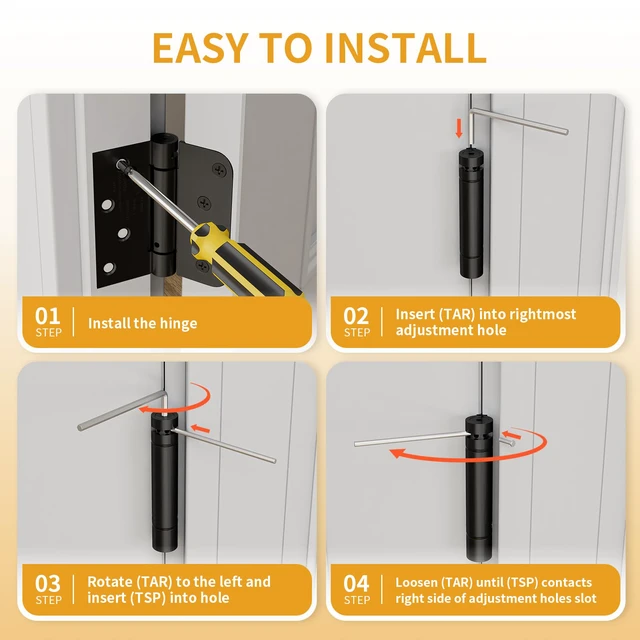 Alt view image 5 of 6 - 4 Pack Self Closing Door Hinges 4 Inch, Matte Black Spring Loaded Hinges with Square & 5/8" Radius Corners, Adjustable Tension for Garage, Front Door, for Left and Right Hand Door, UL Listed