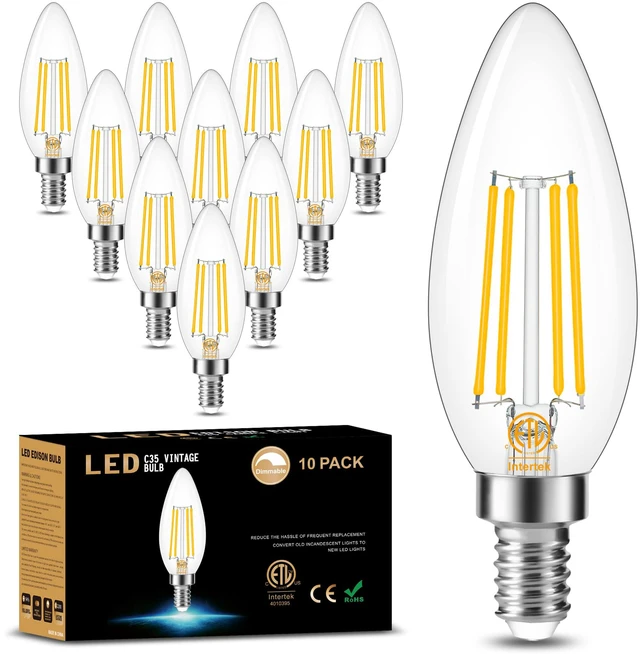 Main image of 10 Pack Dimmable E12 LED Candelabra Bulb 3000K Soft White 60W 600LM CRI 85+ AC 120V Type B Bulb for Chandeliers, Ceiling Fans, Clear Glass Candle Shape, Vintage Filament