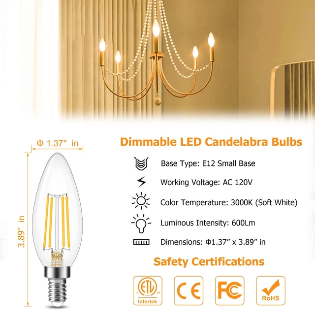 Alt view image 2 of 7 - 10 Pack Dimmable E12 LED Candelabra Bulb 3000K Soft White 60W 600LM CRI 85+ AC 120V Type B Bulb for Chandeliers, Ceiling Fans, Clear Glass Candle Shape, Vintage Filament