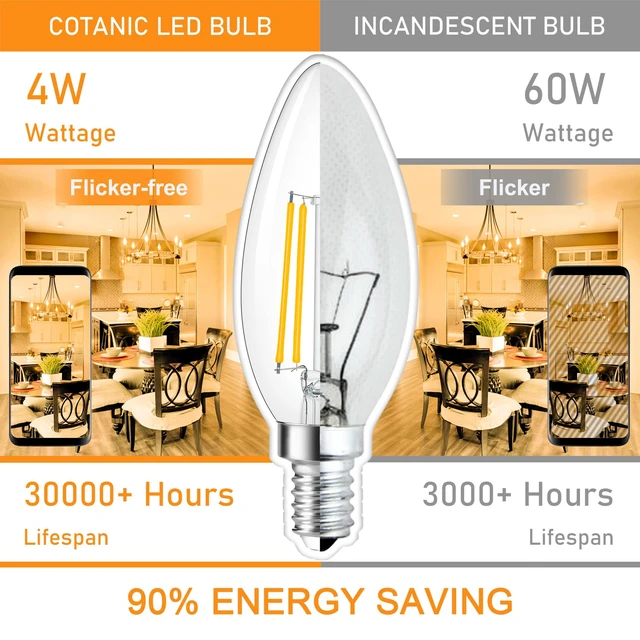 Alt view image 6 of 7 - 10 Pack Dimmable E12 LED Candelabra Bulb 3000K Soft White 60W 600LM CRI 85+ AC 120V Type B Bulb for Chandeliers, Ceiling Fans, Clear Glass Candle Shape, Vintage Filament