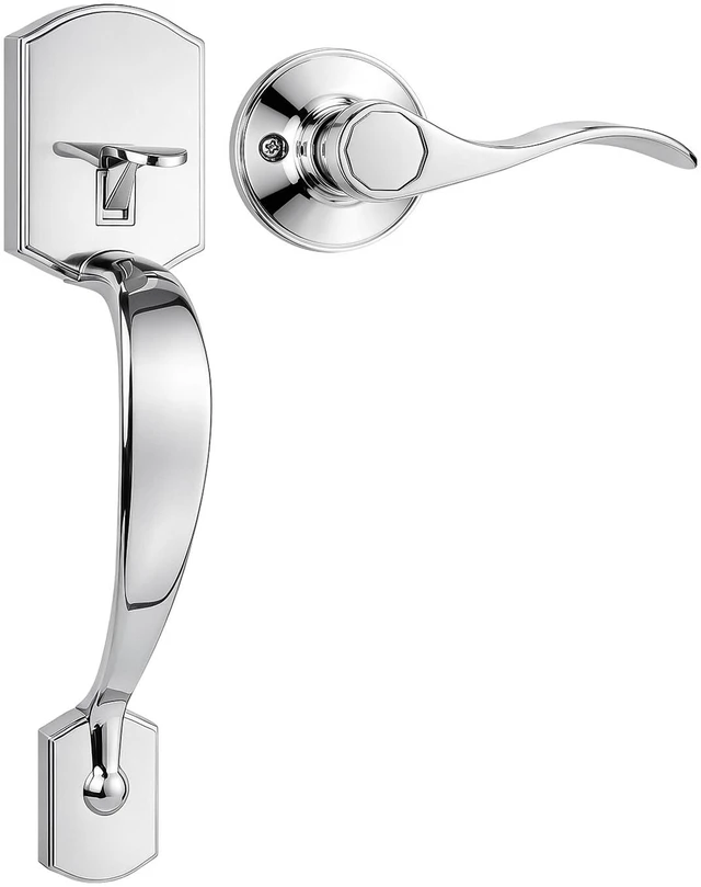 Main image of Bright Chrome Front Door Handle,Upgated Entry Door Handle with Accent Wave Door Lever,Single Cylinder Front Door Handleset for Home Security