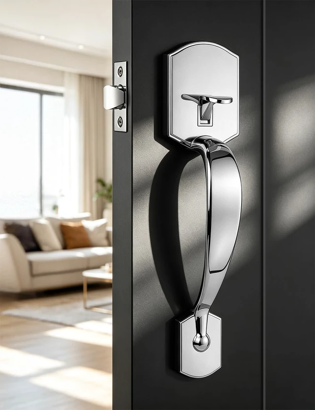 Alt view image 2 of 7 - Bright Chrome Front Door Handle,Upgated Entry Door Handle with Accent Wave Door Lever,Single Cylinder Front Door Handleset for Home Security
