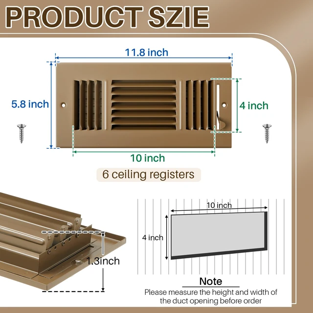 Alt view image 2 of 7 - 6 Pack Wall Vent Covers Interior Size 10 X 4 Inch, Brown Steel 3 Way Adjustable Air Flow, Steel Construction for Ceiling Sidewall Bathroom Office HVAC, Durable Register Grilles