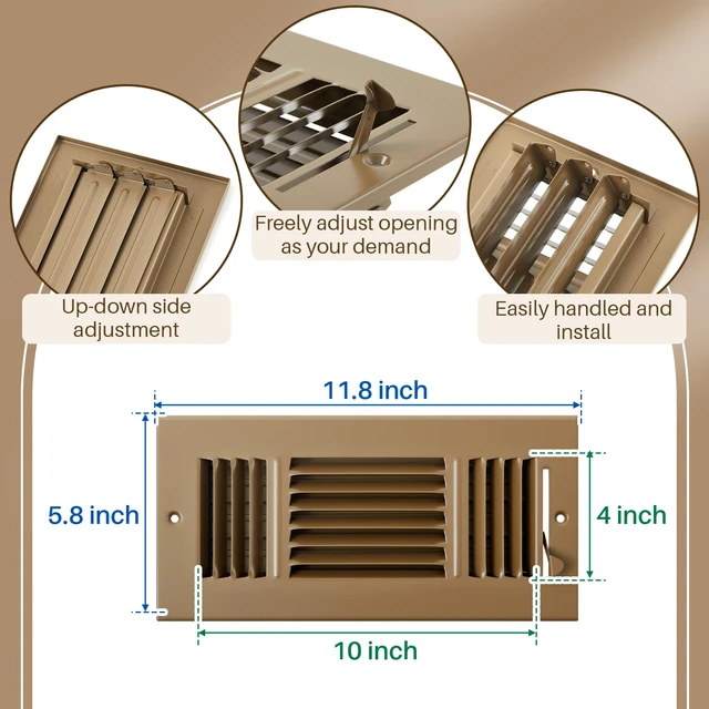 Alt view image 5 of 7 - 6 Pack Wall Vent Covers Interior Size 10 X 4 Inch, Brown Steel 3 Way Adjustable Air Flow, Steel Construction for Ceiling Sidewall Bathroom Office HVAC, Durable Register Grilles