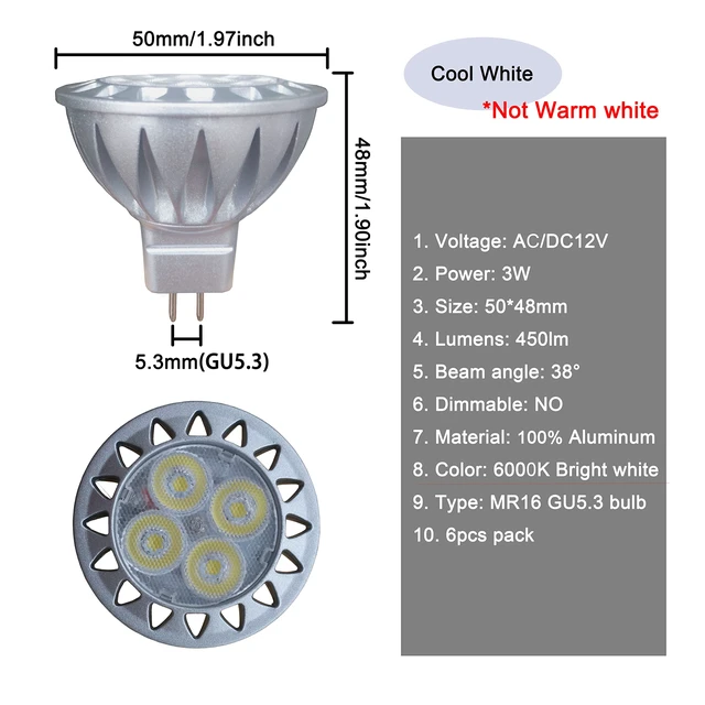 Alt view image 2 of 4 - MR16 LED Bulbs Daylight 6000K Bright White 12 Volt Low Voltage 6PCS GU5.3 20 Watt 30 Watt Halogen Equivalent,3W Led Bulb for Outdoor Landscape Yard Track Lighting,300lm,38 Deg,6 Pack