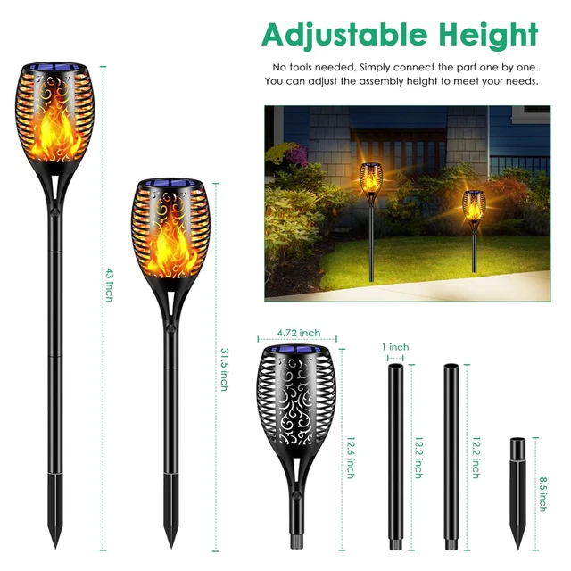 Alt view image 3 of 7 - Flickering Flame Solar Torch Lights Outdoor, 43" Tall, 2 Pack Realistic 99-LED Flame Effect, Charges in 6-8 Hours, 10-12-Hour Runtime, IP65 Waterproof, Auto On/Off for Yard, Patio, Garden