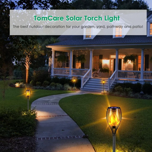 Alt view image 6 of 7 - Flickering Flame Solar Torch Lights Outdoor, 43" Tall, 2 Pack Realistic 99-LED Flame Effect, Charges in 6-8 Hours, 10-12-Hour Runtime, IP65 Waterproof, Auto On/Off for Yard, Patio, Garden