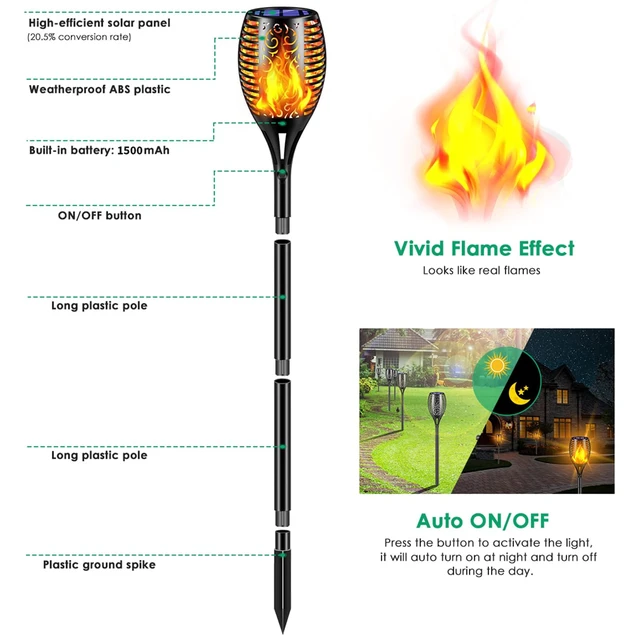 Alt view image 4 of 7 - Flickering Flame Solar Torch Lights Outdoor, 43" Tall, 2 Pack Realistic 99-LED Flame Effect, Charges in 6-8 Hours, 10-12-Hour Runtime, IP65 Waterproof, Auto On/Off for Yard, Patio, Garden