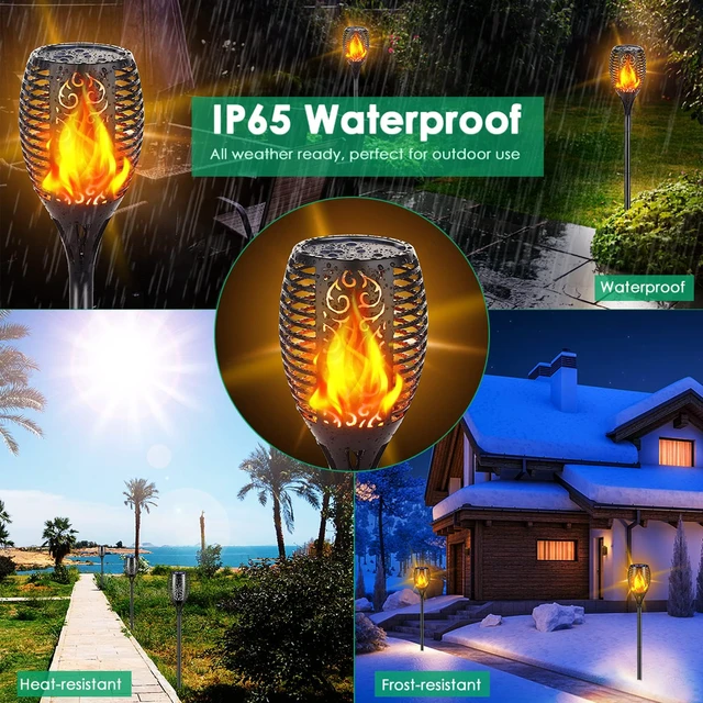 Alt view image 7 of 7 - Flickering Flame Solar Torch Lights Outdoor, 43" Tall, 2 Pack Realistic 99-LED Flame Effect, Charges in 6-8 Hours, 10-12-Hour Runtime, IP65 Waterproof, Auto On/Off for Yard, Patio, Garden