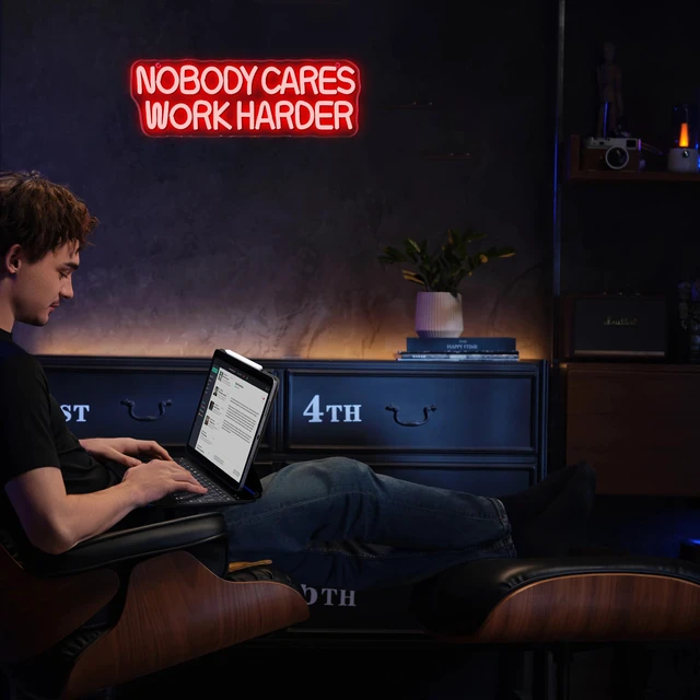 Alt view image 3 of 7 - Nobody Cares Work Harder Neon Sign, Motivational Neon Light USB Powered Lnspirational LED Neon Light Wall Art, for Office Study Room Or Gym Teen Bedroom Modern Decor(15.7 * 5.1 In)