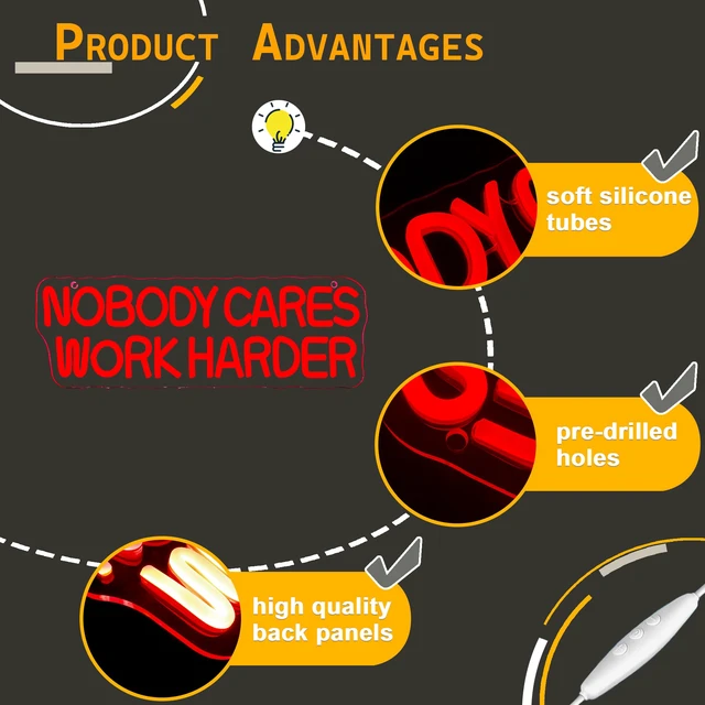 Alt view image 5 of 7 - Nobody Cares Work Harder Neon Sign, Motivational Neon Light USB Powered Lnspirational LED Neon Light Wall Art, for Office Study Room Or Gym Teen Bedroom Modern Decor(15.7 * 5.1 In)