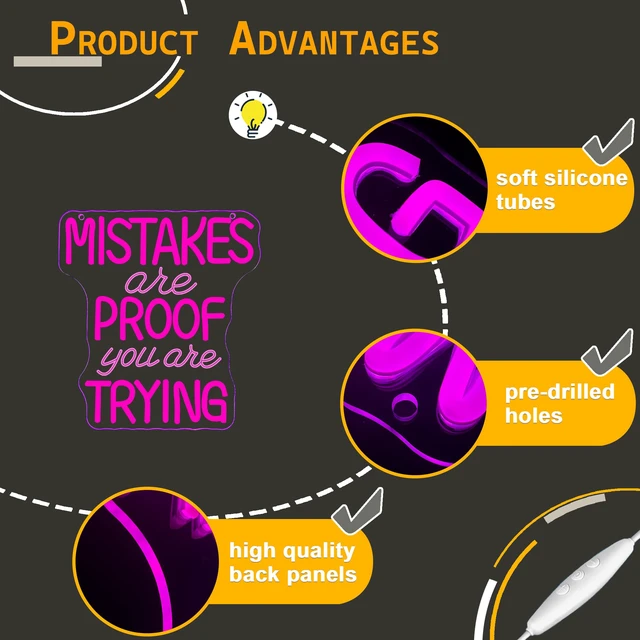 Alt view image 4 of 7 - Mistakes Are Proof You Are Trying Neon Sign, Motivational Neon Sign USB Powered LED Dimmable, for Classroom Office Children Room Bedroom Living Room Sign, Graduation Gift(11.8 * 11 In)