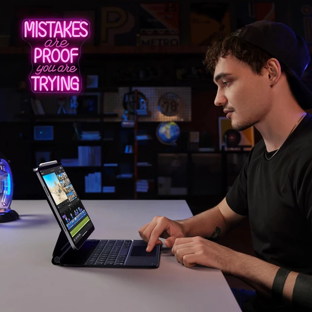 Alt view image 6 of 7 - Mistakes Are Proof You Are Trying Neon Sign, Motivational Neon Sign USB Powered LED Dimmable, for Classroom Office Children Room Bedroom Living Room Sign, Graduation Gift(11.8 * 11 In)