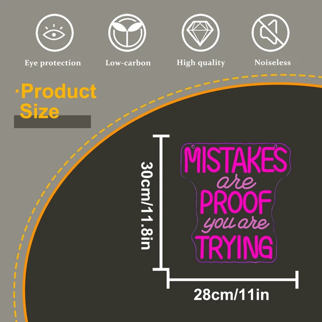 Alt view image 7 of 7 - Mistakes Are Proof You Are Trying Neon Sign, Motivational Neon Sign USB Powered LED Dimmable, for Classroom Office Children Room Bedroom Living Room Sign, Graduation Gift(11.8 * 11 In)