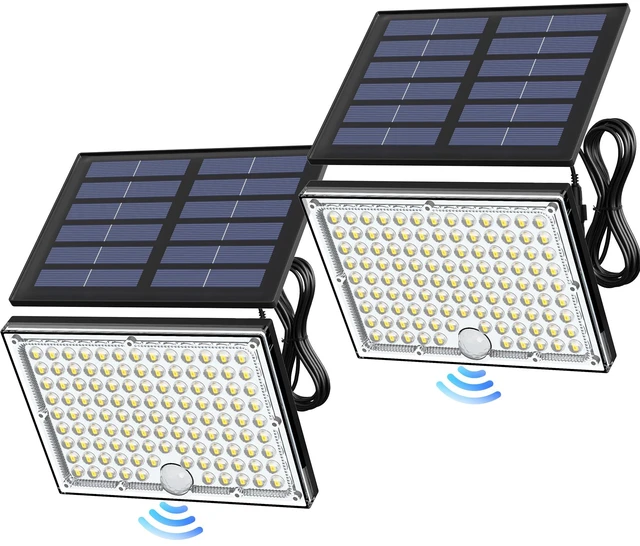 Main image of Motion Solar Lights Outdoor, 113 LED Cool White Bright 2 Pack Solar Flood Lights Waterproof, Dusk to Dawn Outdoor Solar Powered Security Lights for Fence Porch Patio Yard Garage