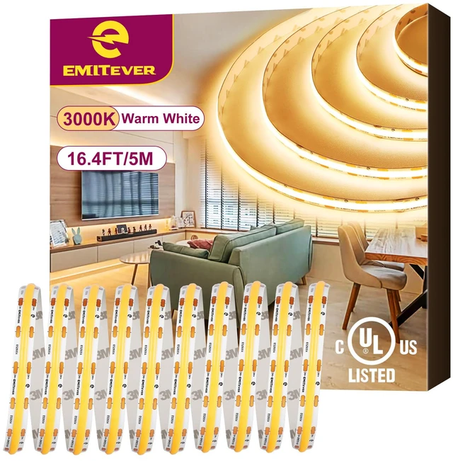 Main image of 24V COB LED Strip Lights 3000K,16.4ft 2400LEDs,UL Listed Ra 90+,IP30,3W/ft,305+Lumens/ft, (Power Supply Sold Separately)for bedroom,living room,kitchen
