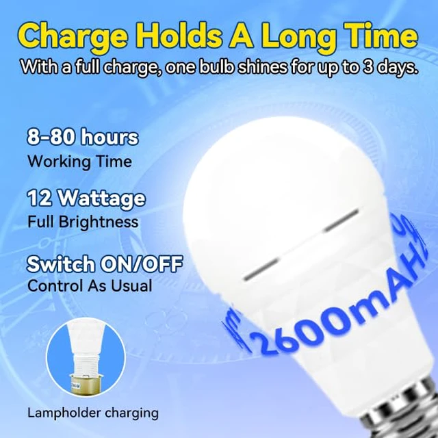 Alt view image 2 of 7 - LITE PRO Rechargeable Light Bulbs, 2600mAh Large Battery Backup Light Bulbs, Socket Rechargeable Emergency Lights for Home, Hurricane Prepareness Item, E26/E27 (White-2600mAh)