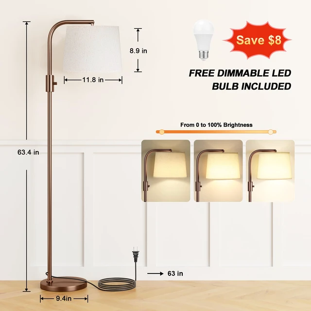 Alt view image 2 of 6 - Fully Dimmable Floor Lamp with 9W LED Bulb, Standing Lamp for Living Room with Adjustable Head, Modern Tall Light with Rotary Switch for Office, Brown and Beige