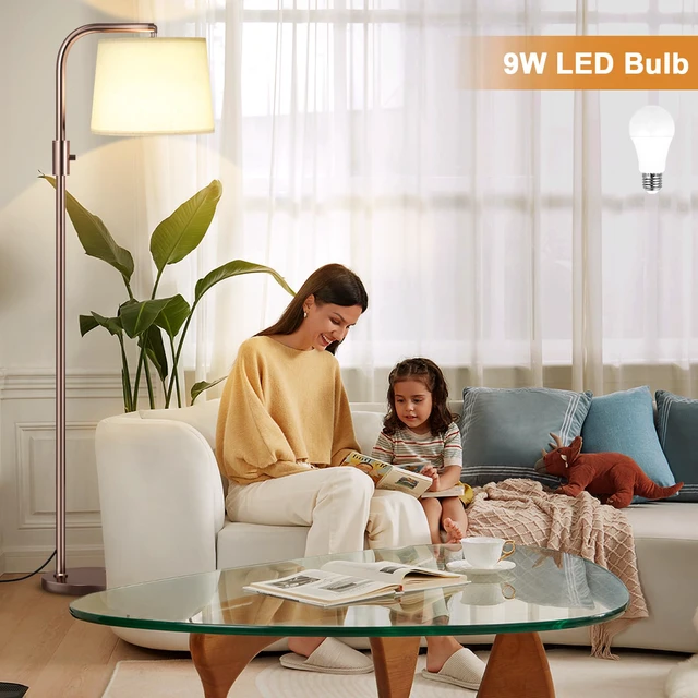 Alt view image 5 of 6 - Fully Dimmable Floor Lamp with 9W LED Bulb, Standing Lamp for Living Room with Adjustable Head, Modern Tall Light with Rotary Switch for Office, Brown and Beige