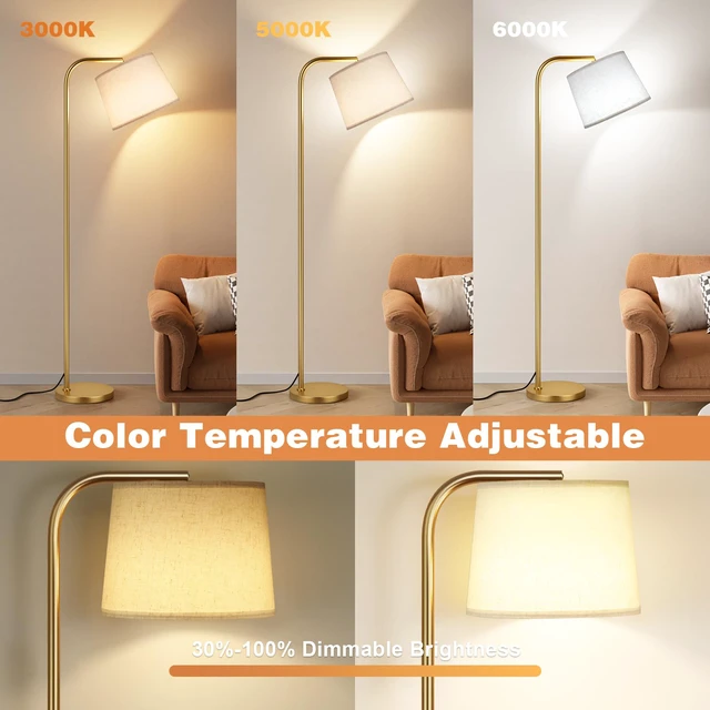 Alt view image 3 of 7 - Remote-Controlled Floor Lamp - Color Temperature Adjustable and Fully Dimmable, Standing Lamp for Living Room with Rotating Head, Tall Lamp for Bedroom, 9W Bulb Included (Gold and Beige)