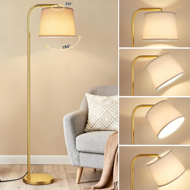 Alt view image 5 of 7 - Remote-Controlled Floor Lamp - Color Temperature Adjustable and Fully Dimmable, Standing Lamp for Living Room with Rotating Head, Tall Lamp for Bedroom, 9W Bulb Included (Gold and Beige)