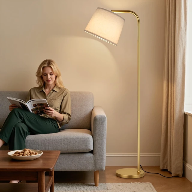 Alt view image 6 of 7 - Remote-Controlled Floor Lamp - Color Temperature Adjustable and Fully Dimmable, Standing Lamp for Living Room with Rotating Head, Tall Lamp for Bedroom, 9W Bulb Included (Gold and Beige)