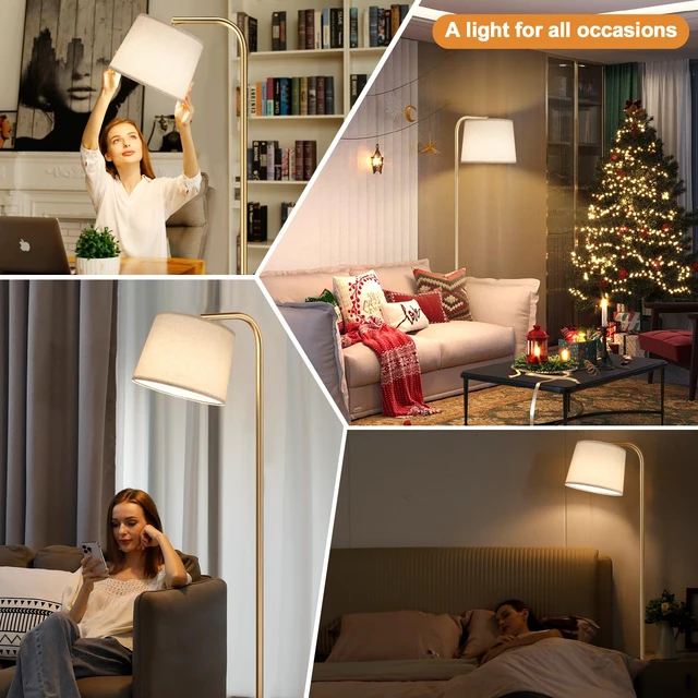 Alt view image 7 of 7 - Remote-Controlled Floor Lamp - Color Temperature Adjustable and Fully Dimmable, Standing Lamp for Living Room with Rotating Head, Tall Lamp for Bedroom, 9W Bulb Included (Gold and Beige)