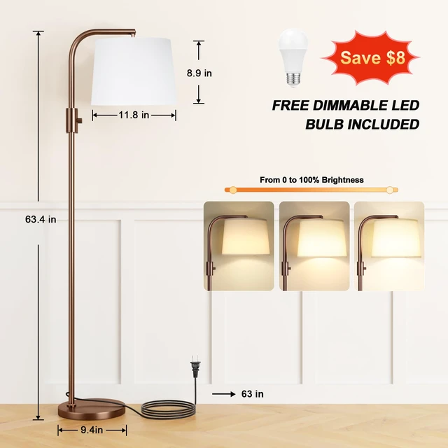 Alt view image 2 of 7 - Fully Dimmable Floor Lamp with 9W LED Bulb - Standing Lamp for Living Room with Adjustable Head, Modern Tall Light with Rotary Switch for Office, Brown and White