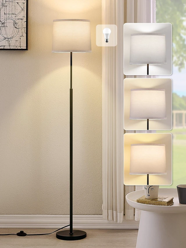 Main image of 60" Modern Floor Lamp with Linen Shade, 3 Color LED Bulb & Foot Switch Standing Lamp with Dimmable A19 9W 3 Color Temperature Bulb, Tall Lamp for Living Room, Bedroom, Office, Corner, Black
