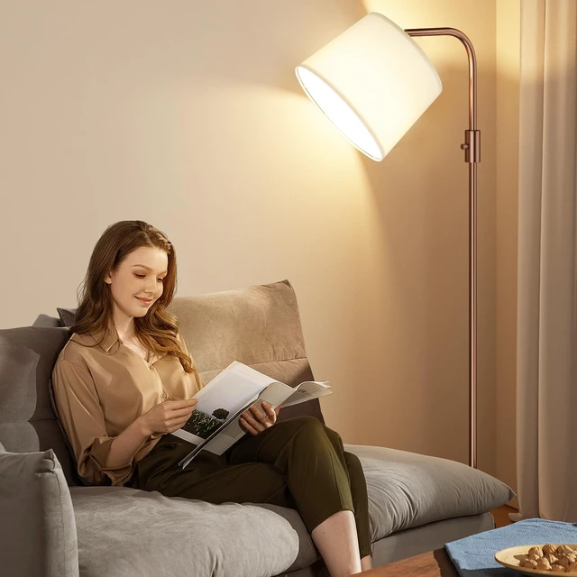 Alt view image 5 of 7 - Fully Dimmable Floor Lamp with 9W LED Bulb - Standing Lamp for Living Room with Adjustable Head, Modern Tall Light with Rotary Switch for Office, Brown and White