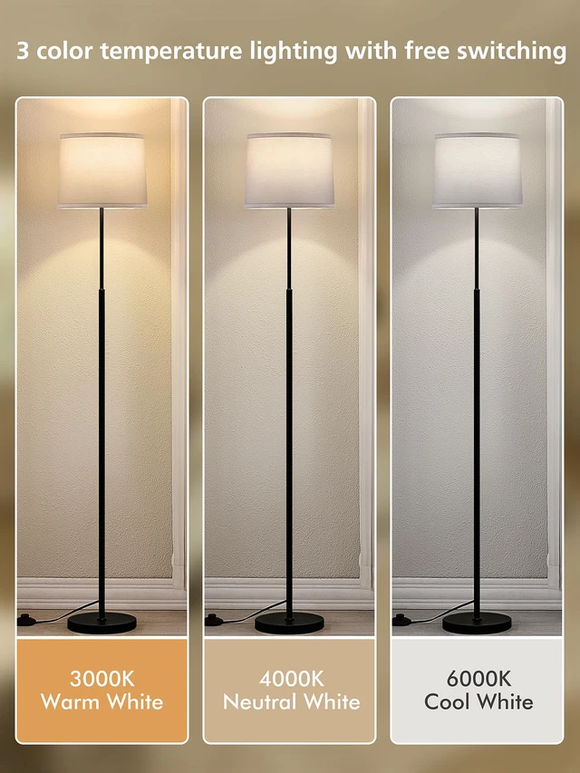 Alt view image 2 of 7 - 60" Modern Floor Lamp with Linen Shade, 3 Color LED Bulb & Foot Switch Standing Lamp with Dimmable A19 9W 3 Color Temperature Bulb, Tall Lamp for Living Room, Bedroom, Office, Corner, Black