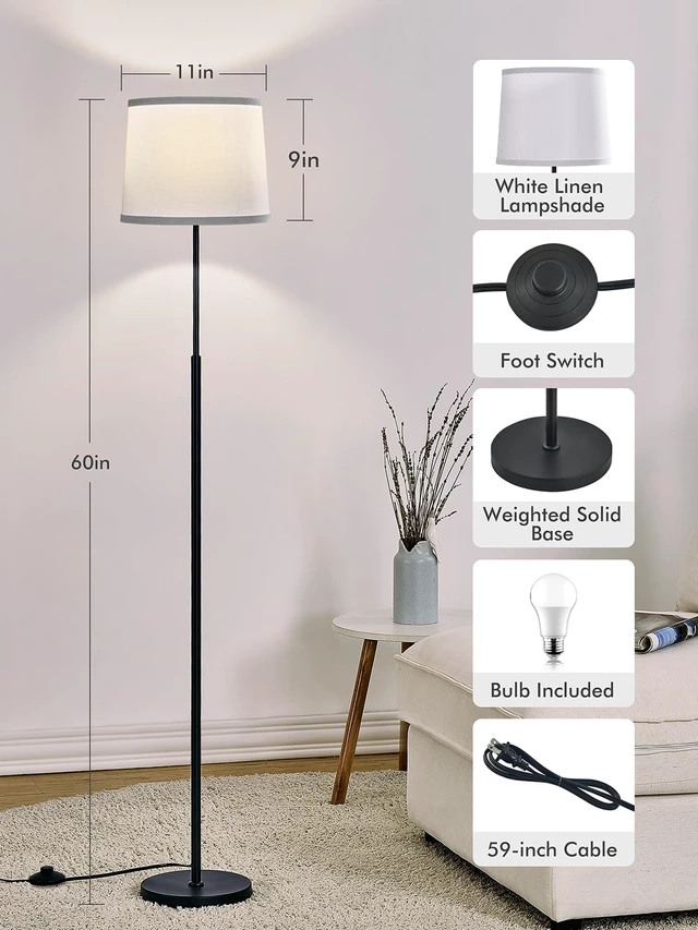 Alt view image 3 of 7 - 60" Modern Floor Lamp with Linen Shade, 3 Color LED Bulb & Foot Switch Standing Lamp with Dimmable A19 9W 3 Color Temperature Bulb, Tall Lamp for Living Room, Bedroom, Office, Corner, Black