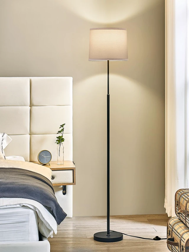 Alt view image 4 of 7 - 60" Modern Floor Lamp with Linen Shade, 3 Color LED Bulb & Foot Switch Standing Lamp with Dimmable A19 9W 3 Color Temperature Bulb, Tall Lamp for Living Room, Bedroom, Office, Corner, Black