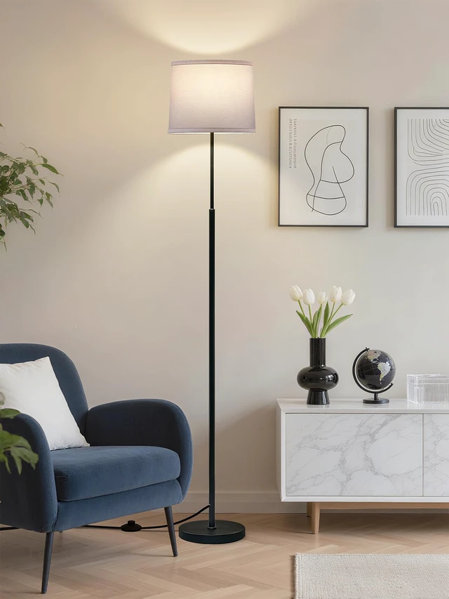 Alt view image 5 of 7 - 60" Modern Floor Lamp with Linen Shade, 3 Color LED Bulb & Foot Switch Standing Lamp with Dimmable A19 9W 3 Color Temperature Bulb, Tall Lamp for Living Room, Bedroom, Office, Corner, Black