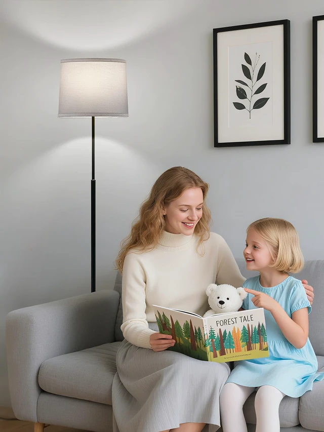 Alt view image 6 of 7 - 60" Modern Floor Lamp with Linen Shade, 3 Color LED Bulb & Foot Switch Standing Lamp with Dimmable A19 9W 3 Color Temperature Bulb, Tall Lamp for Living Room, Bedroom, Office, Corner, Black