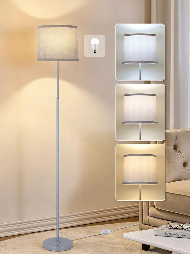 Main image of 60" Modern Floor Lamp with Linen Shade, 3 Color LED Bulb & Foot Switch Standing Lamp with Dimmable A19 9W 3 Color Temperature Bulb, Tall Lamp for Living Room, Bedroom, Office, Corner, Silver