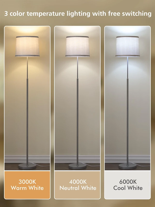 Alt view image 2 of 7 - 60" Modern Floor Lamp with Linen Shade, 3 Color LED Bulb & Foot Switch Standing Lamp with Dimmable A19 9W 3 Color Temperature Bulb, Tall Lamp for Living Room, Bedroom, Office, Corner, Silver