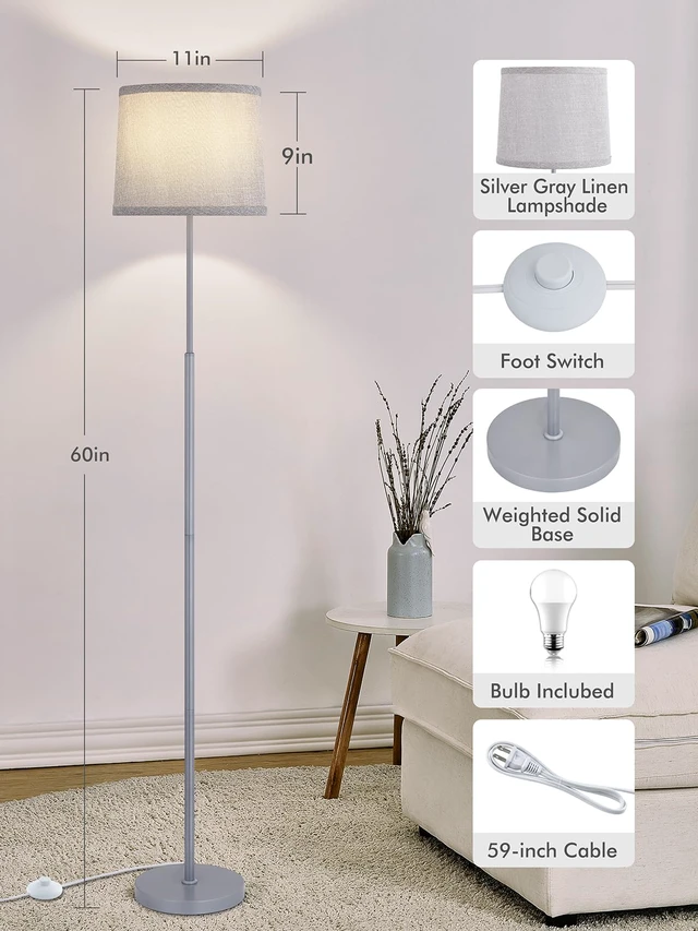 Alt view image 3 of 7 - 60" Modern Floor Lamp with Linen Shade, 3 Color LED Bulb & Foot Switch Standing Lamp with Dimmable A19 9W 3 Color Temperature Bulb, Tall Lamp for Living Room, Bedroom, Office, Corner, Silver