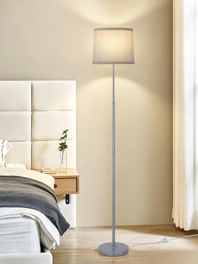 Alt view image 4 of 7 - 60" Modern Floor Lamp with Linen Shade, 3 Color LED Bulb & Foot Switch Standing Lamp with Dimmable A19 9W 3 Color Temperature Bulb, Tall Lamp for Living Room, Bedroom, Office, Corner, Silver