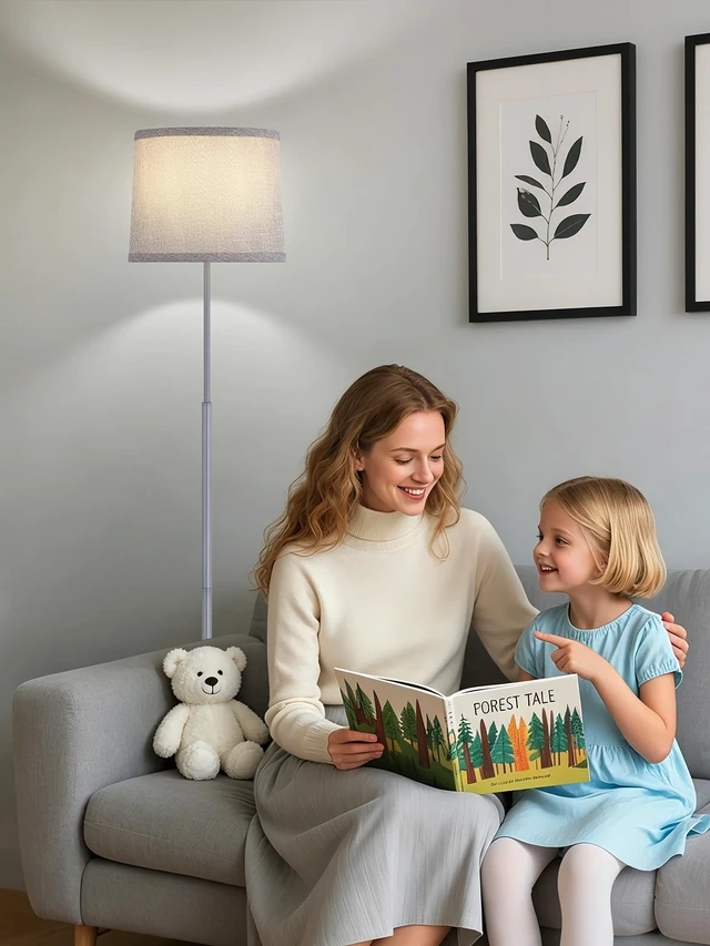 Alt view image 6 of 7 - 60" Modern Floor Lamp with Linen Shade, 3 Color LED Bulb & Foot Switch Standing Lamp with Dimmable A19 9W 3 Color Temperature Bulb, Tall Lamp for Living Room, Bedroom, Office, Corner, Silver