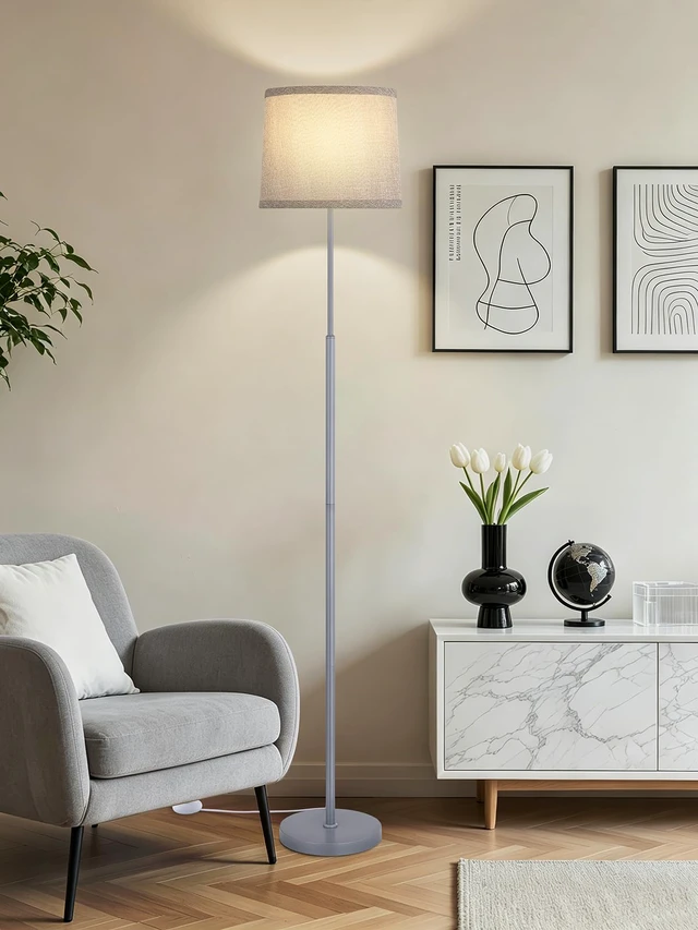 Alt view image 5 of 7 - 60" Modern Floor Lamp with Linen Shade, 3 Color LED Bulb & Foot Switch Standing Lamp with Dimmable A19 9W 3 Color Temperature Bulb, Tall Lamp for Living Room, Bedroom, Office, Corner, Silver
