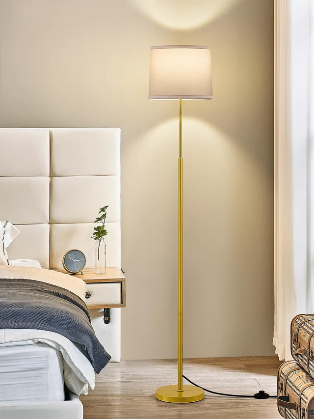 Alt view image 4 of 7 - 60" Modern Floor Lamp with Linen Shade, 3 Color LED Bulb & Foot Switch Standing Lamp with Dimmable A19 9W 3 Color Temperature Bulb, Tall Lamp for Living Room, Bedroom, Office, Corner, Gold