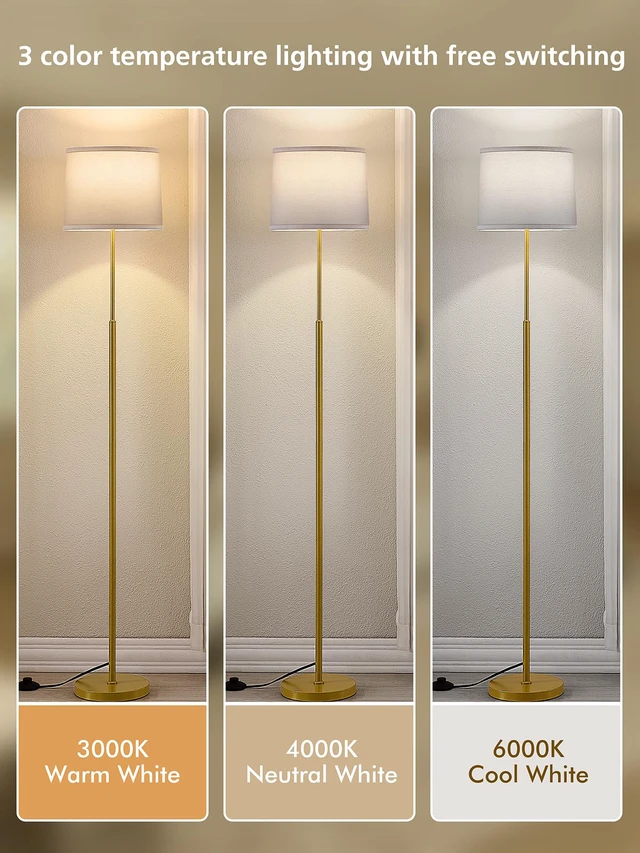 Alt view image 2 of 7 - 60" Modern Floor Lamp with Linen Shade, 3 Color LED Bulb & Foot Switch Standing Lamp with Dimmable A19 9W 3 Color Temperature Bulb, Tall Lamp for Living Room, Bedroom, Office, Corner, Gold